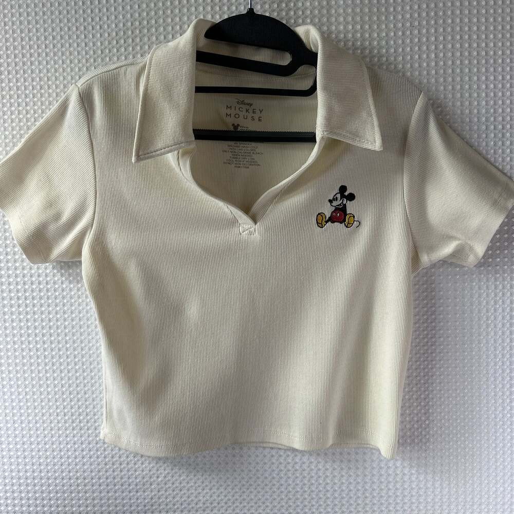 Disney Mickey Mouse Cream Ribbed Cropped Polo Shirt